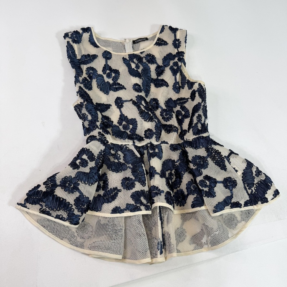 CO by CO Blouse Girls Large Navy Embroidered Mesh Peplum Floral Sleeveless